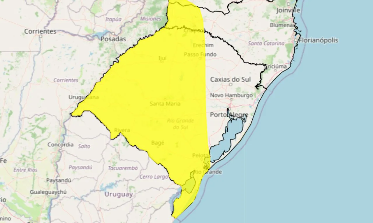 O mapa mostra as &aacute;reas em alerta para temporais e chuva intensa em &aacute;reas do Sul